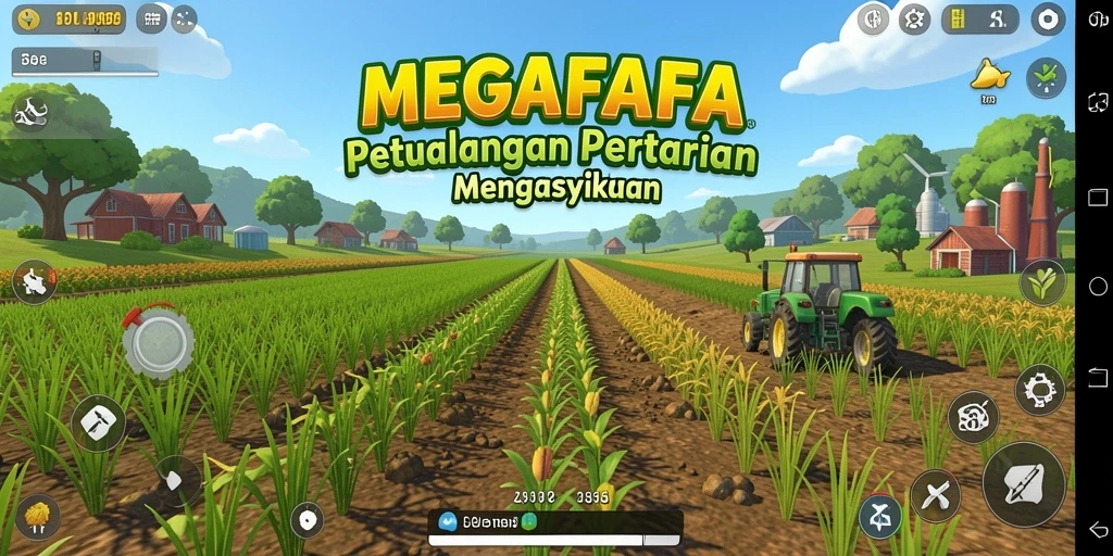 Tampilan gameplay <strong>MEGAFAFA</strong> dengan berbagai tanaman yang sedang tumbuh.