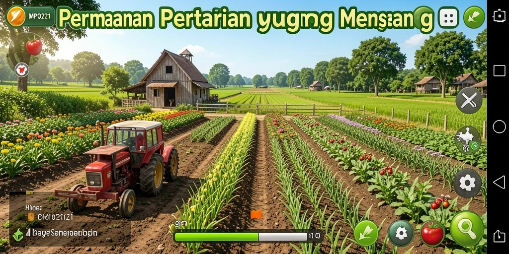 Gameplay MPO2121 dengan berbagai tanaman dan hewan ternak.