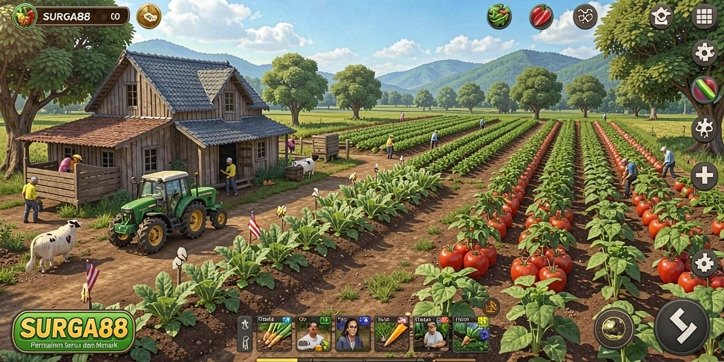 Tangkapan layar SURGA88 menampilkan gameplay pertanian yang menarik dan penuh warna.