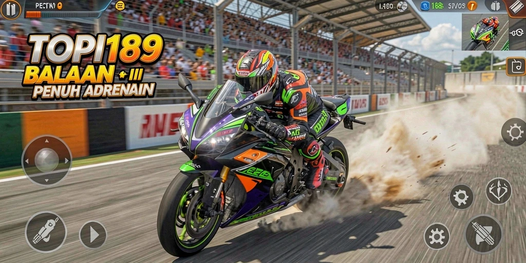 Screenshot gameplay TOPI189 menampilkan aksi balapan motor yang intens.